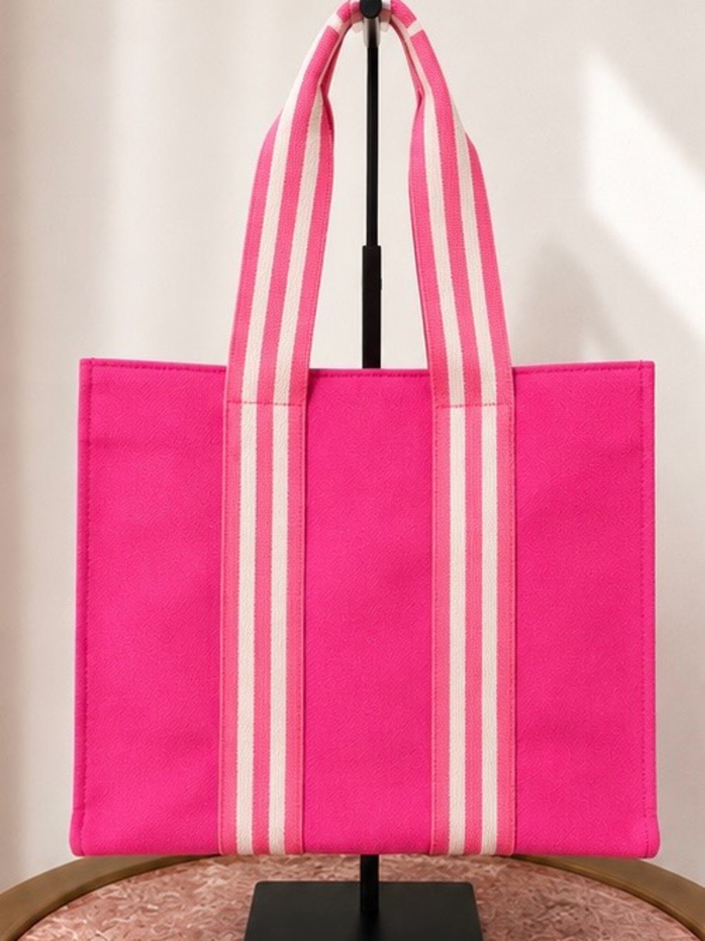 NWT Jill and Ally Hot Pink Canvas Tote Bag with Striped Handles